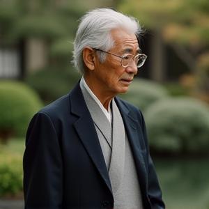 Yendralovixemuro創業者、田中雅彦の肖像。思慮深げな眼差しで庭園を見つめている。