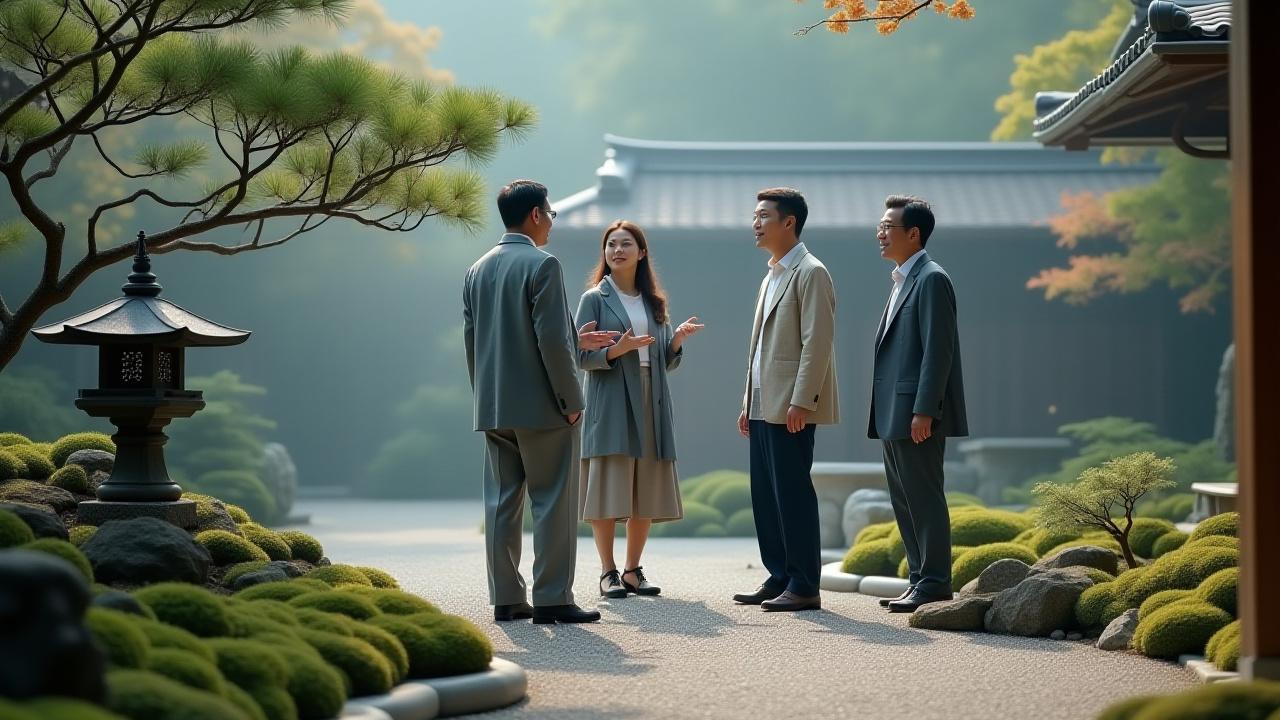 Yendralovixemuroのデザイナーたちが庭園で、繊細に咲く花々と石灯籠を背景に、創造的な議論を交わしている様子