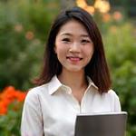 山田恵美のポートレート。タブレットでスマートガーデンシステムを操作している。