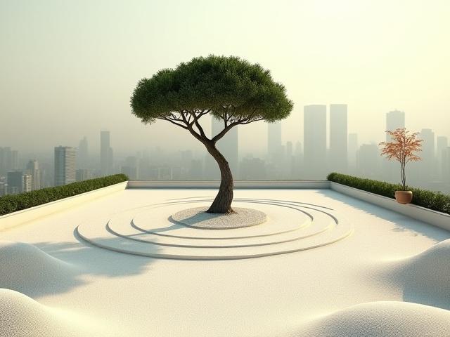 都会のビルの屋上にある、『星の王子さま』をテーマにした完成した庭園。中央にバオバブの木を思わせるシンボルツリー、周囲には砂紋とバラが配置されている。