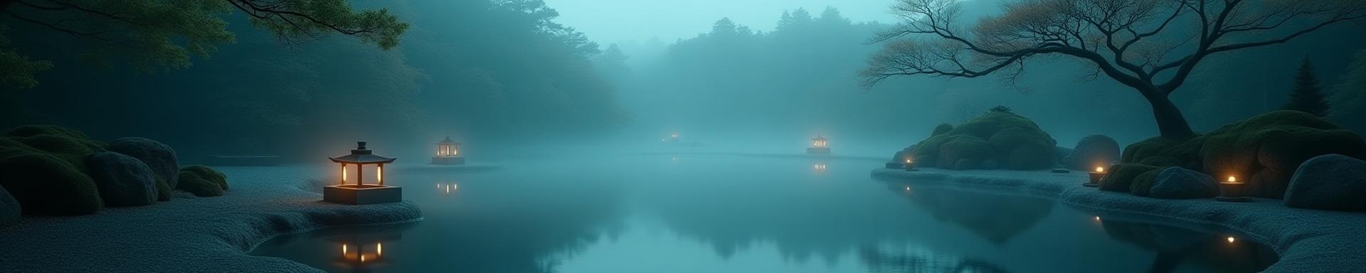 静かで美しい日本庭園の夜明け、または夕暮れの風景。霧が立ち込め、石灯籠が優しく灯っている。