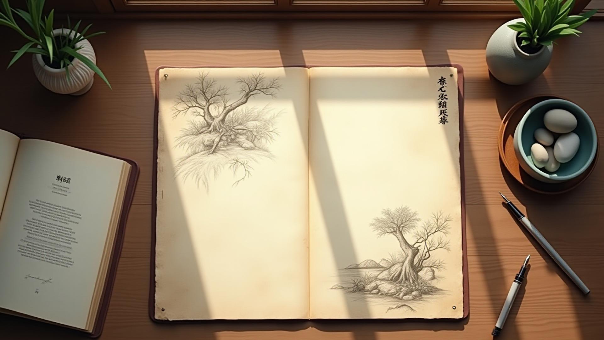 手書きの庭園コンセプトスケッチと詩的なメモが広がる美しい背景