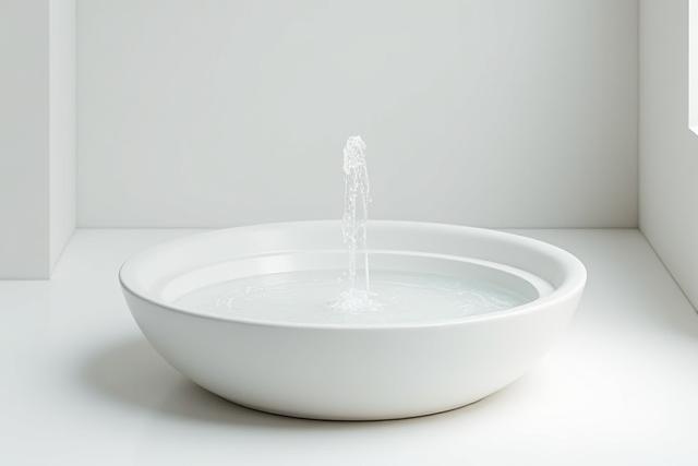 ミニマリストデザインのモダンな噴水、白い石の器から水が静かに湧き出る様子