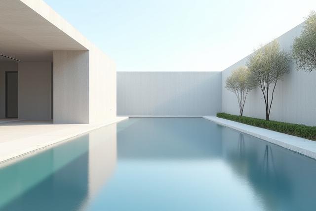 鏡のように周囲の建物を映し出すモダンなリフレクティングプール