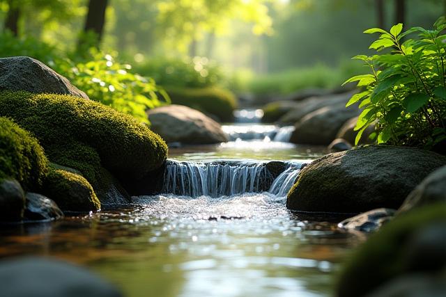 自然石が配置された小川が庭を流れる様子