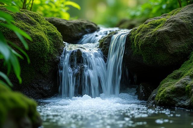 苔むした岩の間を勢いよく流れ落ちる小さな滝、背景には豊かな緑