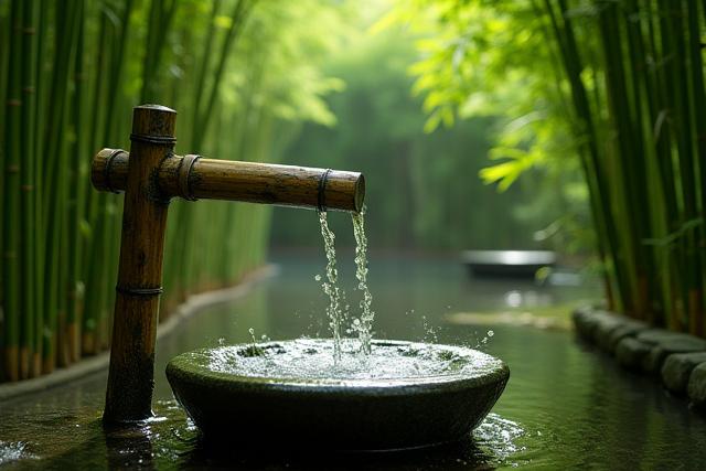 風情ある鹿威し（ししおどし）が静かに水を溜め、やがて勢いよく水を吐き出す瞬間