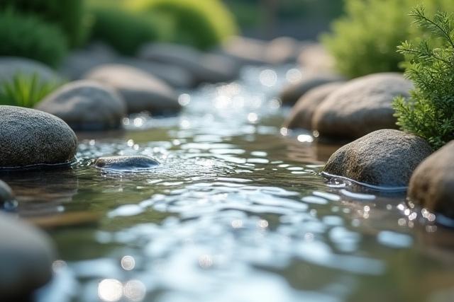 日本庭園の遣水（やりみず）、小石が敷き詰められた穏やかな水路のクローズアップ