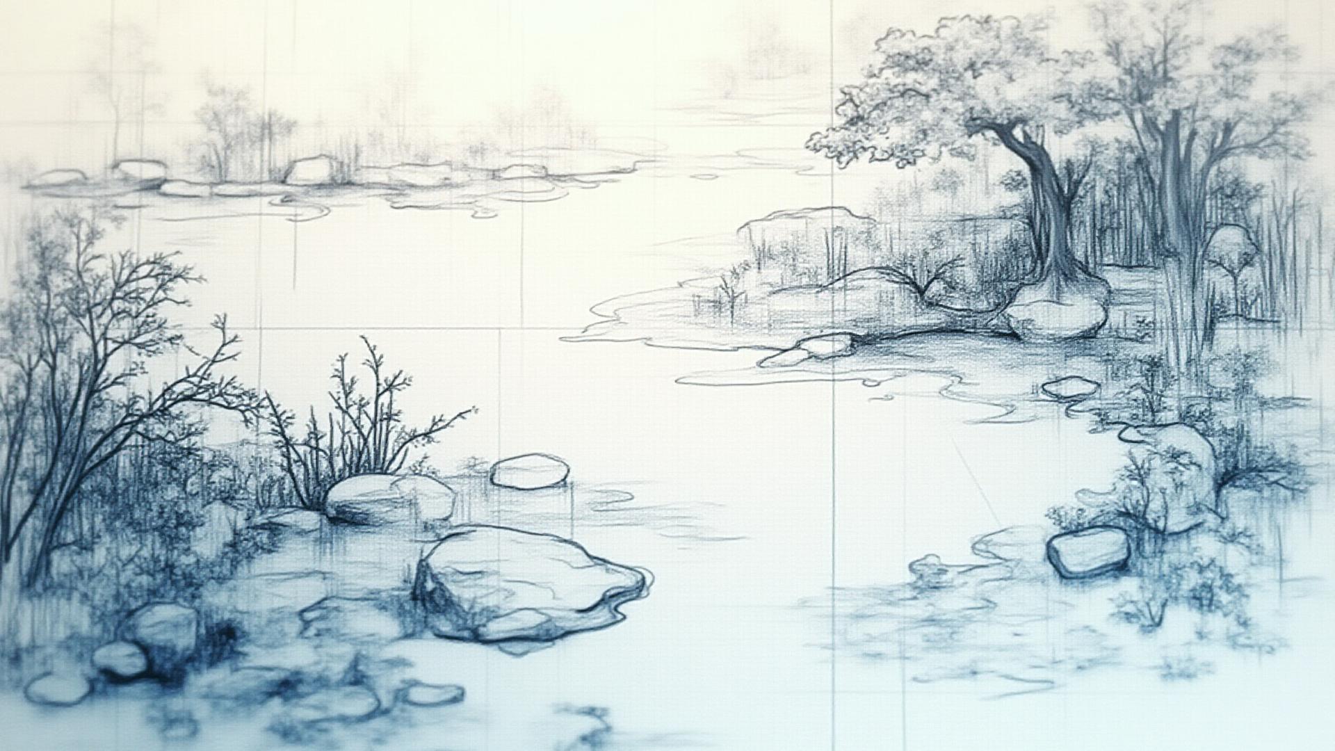 CAD図面と手書きの植栽計画図が重なり合う設計図イメージ