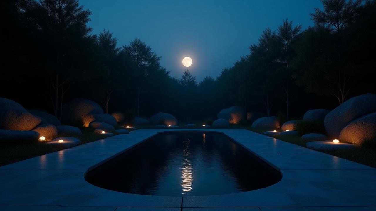 月明かりに照らされた水盤が主役のモダンな日本庭園。