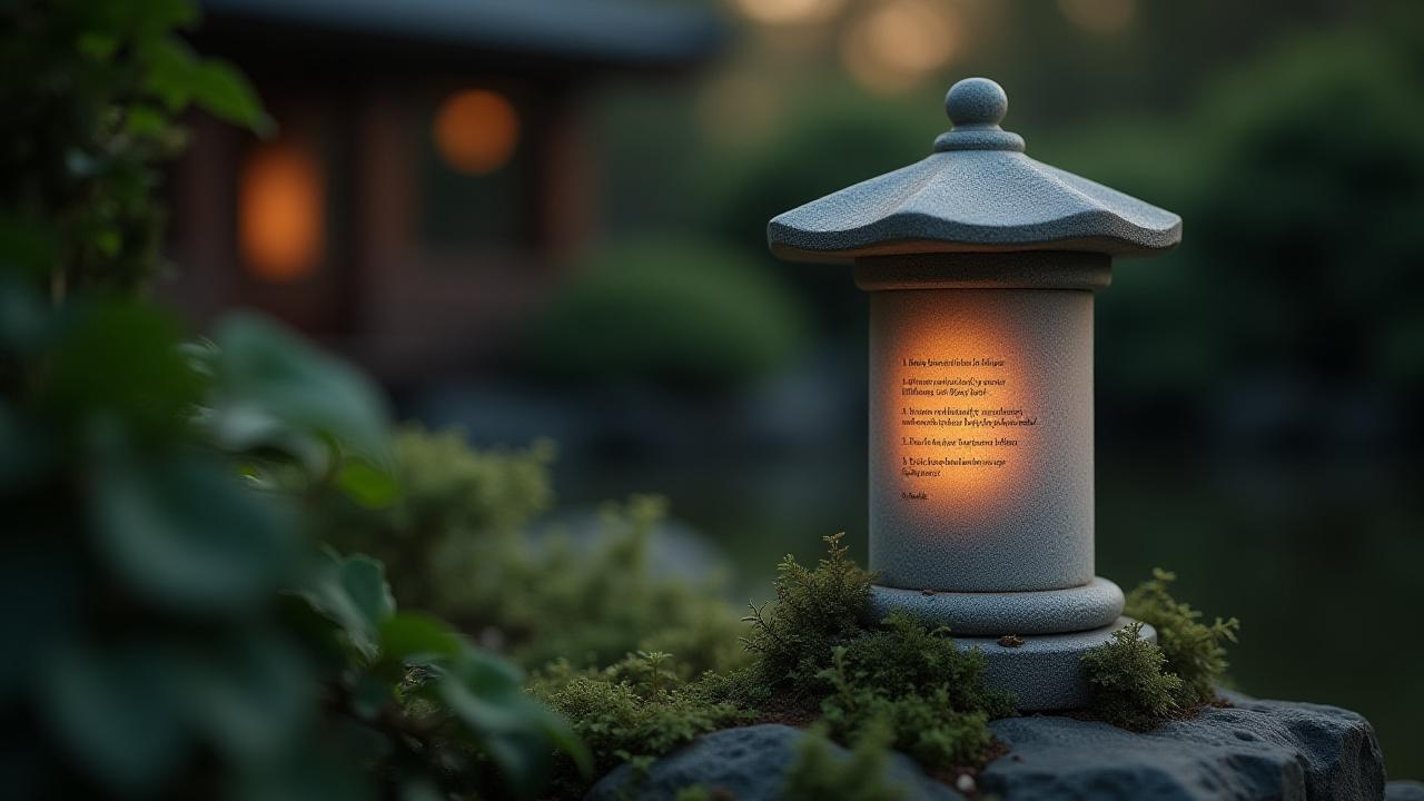 庭園内にひっそりと佇む、シェイクスピアの詩が刻まれた石灯籠。