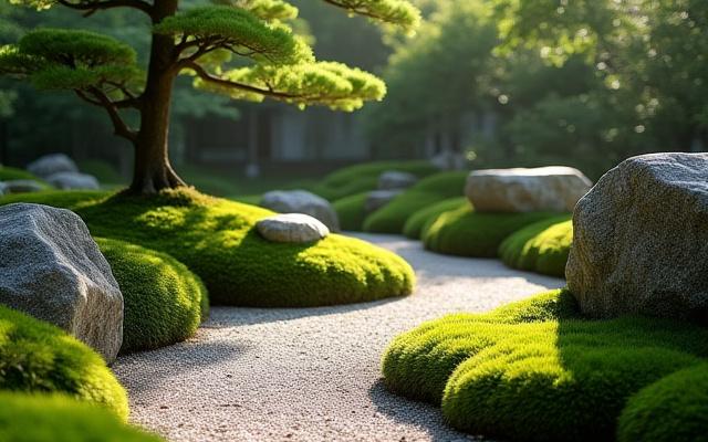 苔むした石と丁寧に配置された植栽が美しい伝統的な日本庭園。