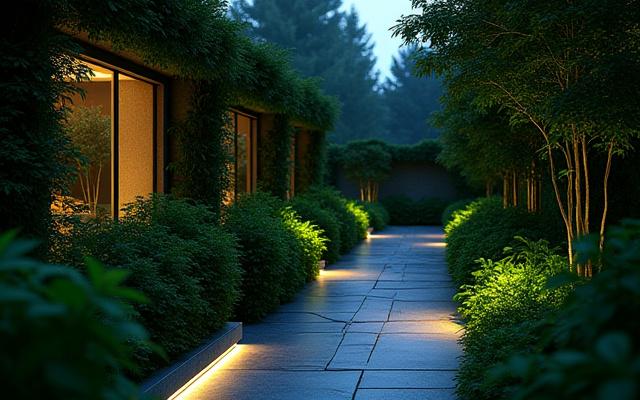 IoTデバイスが組み込まれた未来的な庭園の夜景。