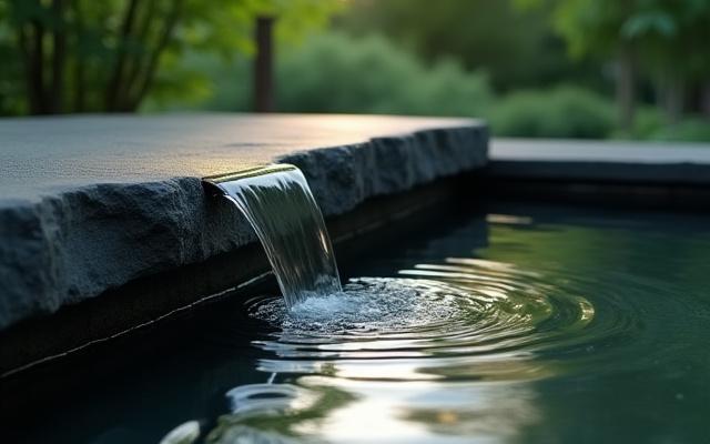 静かに流れ落ちる水を表現したモダンな水景。