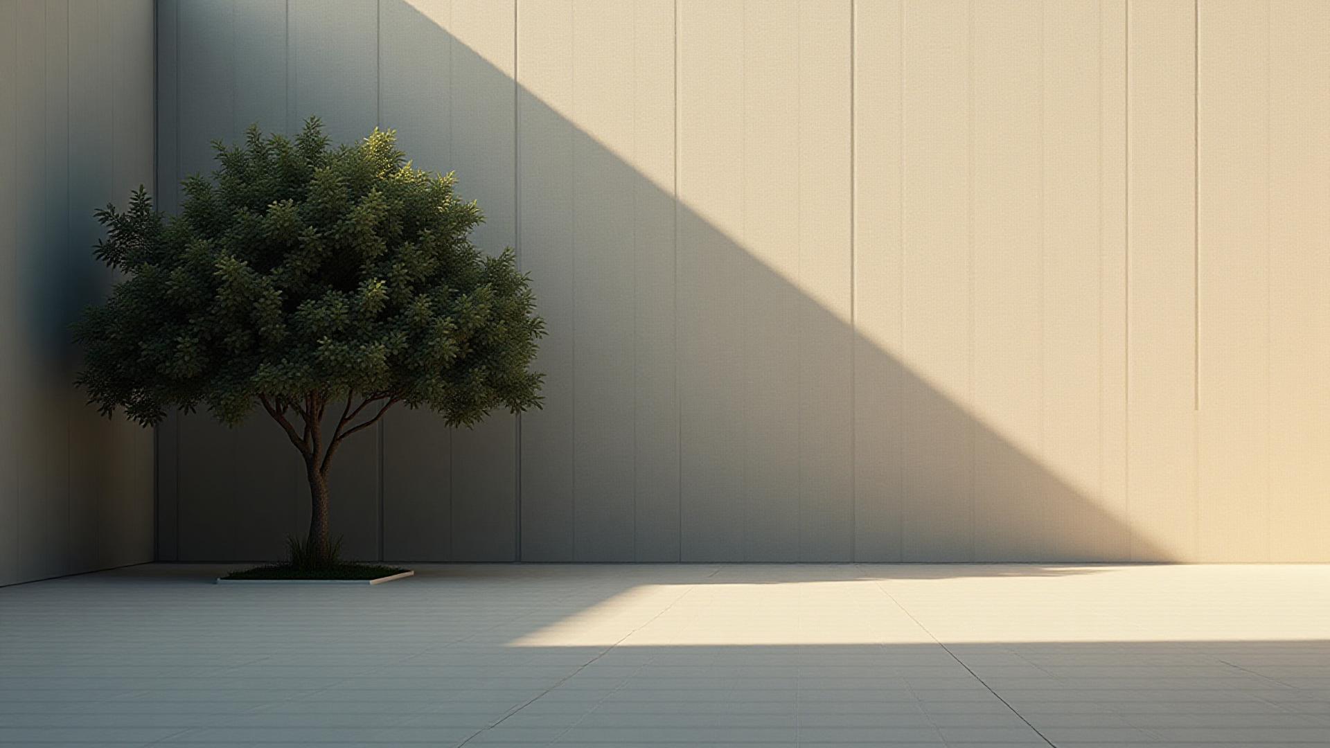 コンクリートの壁に落ちる一本の木の影