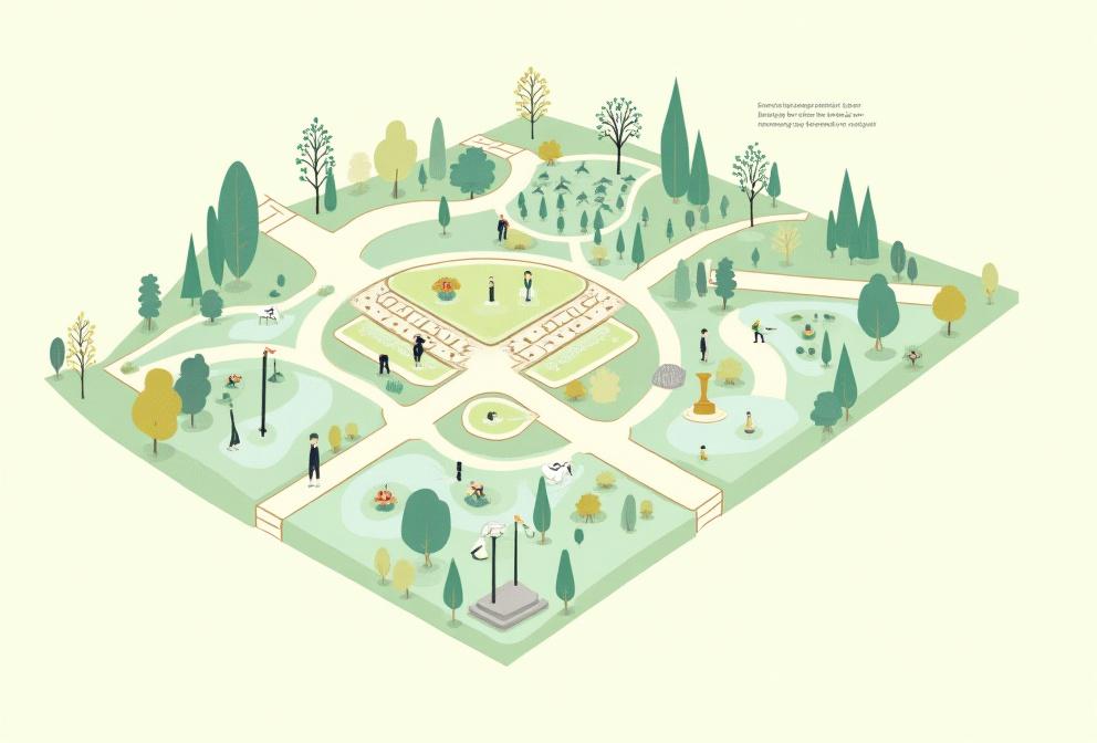 文学記念公園の園内マップ。幼少期のエリアを示す明るい花々、青年期のエリアを示す竹林、晩年のエリアを示す枯山水が記されている