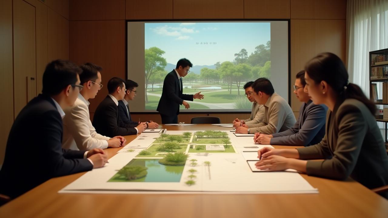 多様なステークホルダー（自治体職員、デベロッパー、アーティスト、地域住民）が円卓で意見を活発に交換している様子