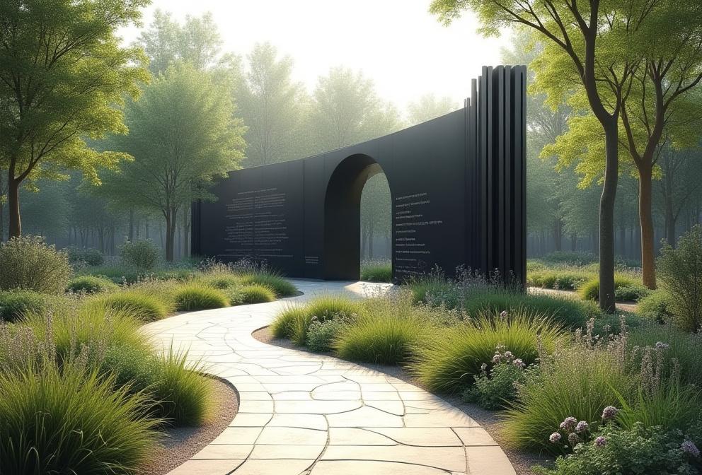 石碑に刻まれた詩文の一部と、それを囲むように配された植物、水の流れ