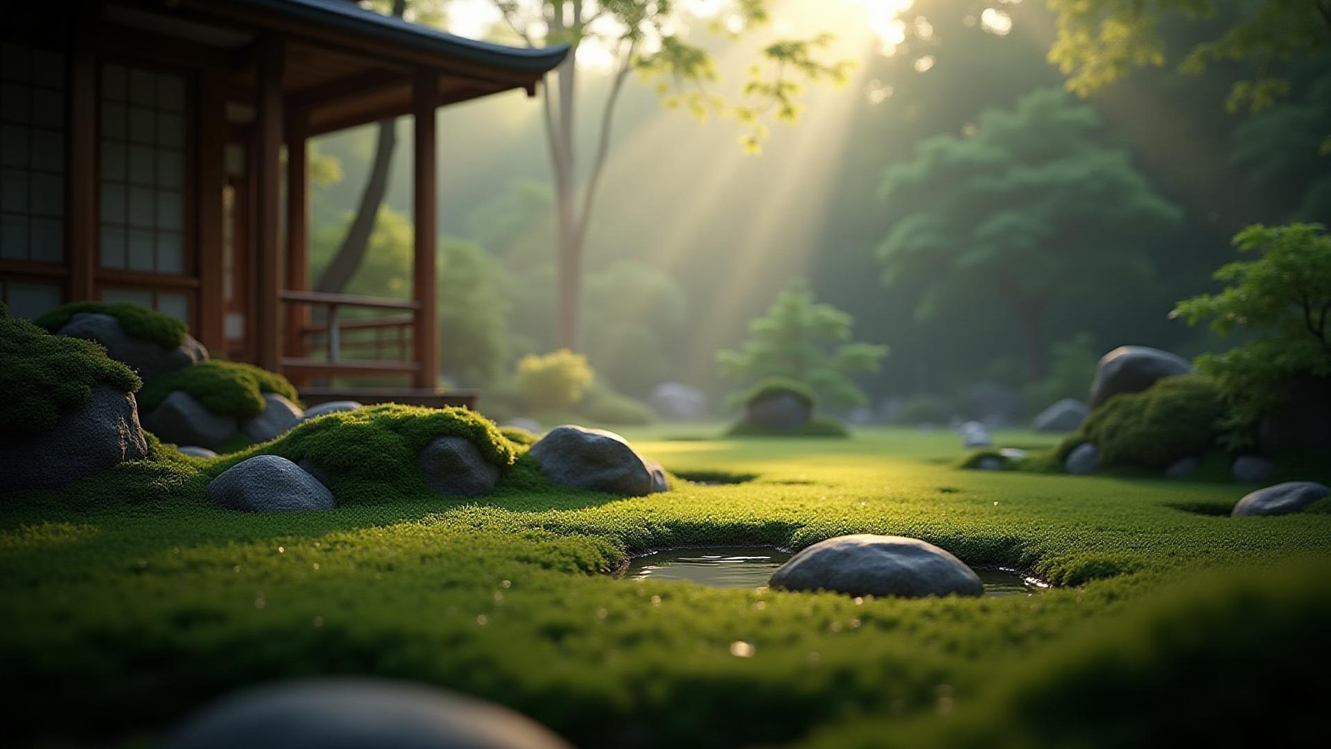 伝統的な日本庭園の風景に、未来的な回路図やデジタルデータが重ね合わされた幻想的なイメージ