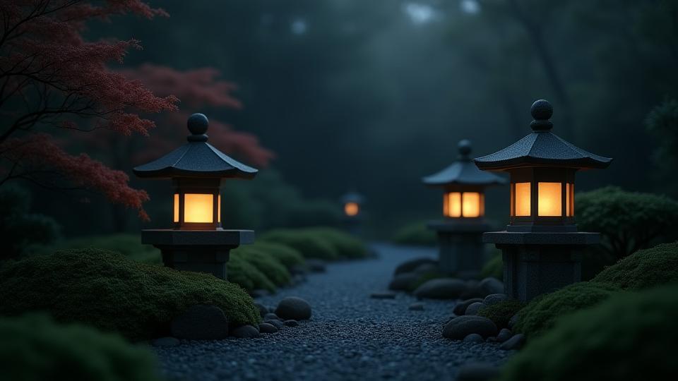 伝統的な春日灯籠と現代的な雪見灯籠のギャラリー