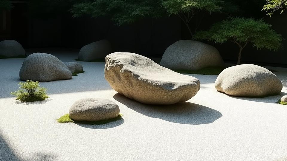 力強い石組みの日本庭園、異なる形の石が相互に配置されている