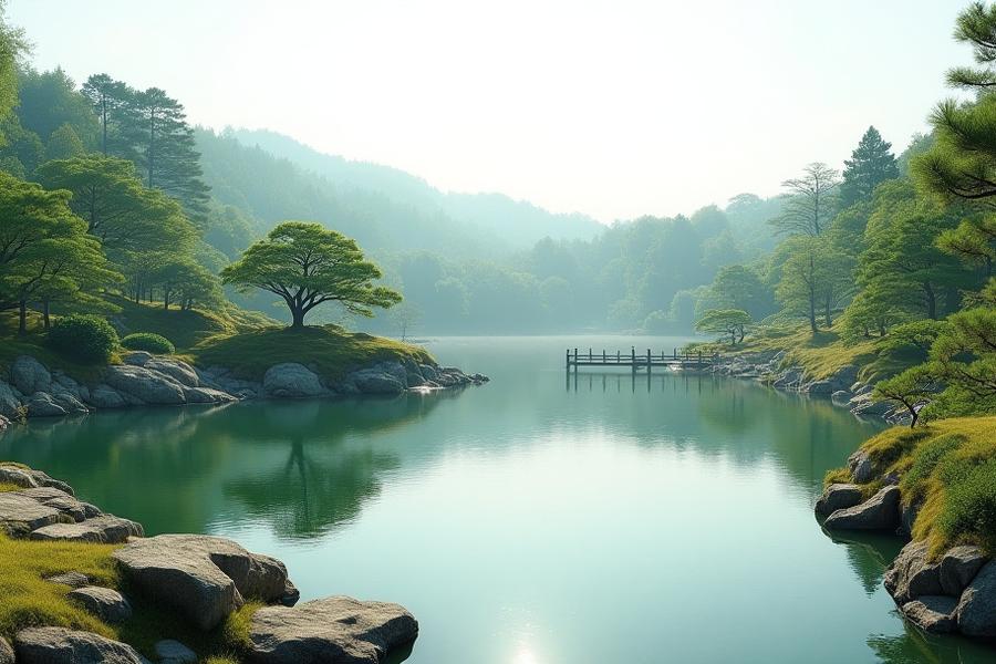 広々とした池泉庭園。大きな池には中島が浮かび、周囲には趣のある石や植物が配置され、回遊路から様々な景色を楽しめる。