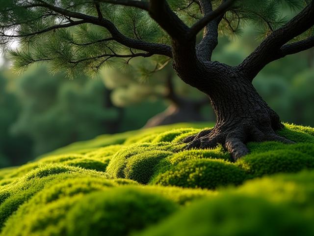 丁寧に剪定された見事な松の木。苔が美しく地面を覆い、静寂な美を演出している。