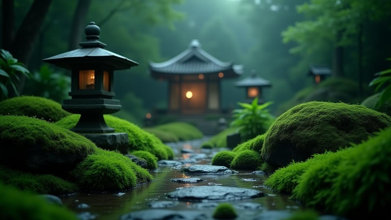 雨上がりのしっとりとした苔の日本庭園。石灯籠からは柔らかな光が漏れ、静謐な雰囲気を醸し出している。