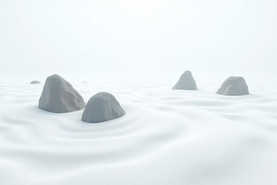 静寂な枯山水庭園。白砂に描かれた波紋が、奥に配置された力強い石組と調和し、禅の世界観を表現している。