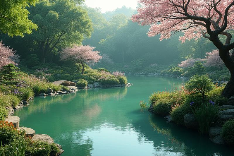 源氏物語の雅な世界を思わせる、優雅な曲線を描く池と四季折々の花が咲く池泉庭園