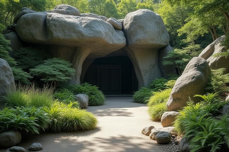 万葉集の世界を表現したかのような、力強い石組みと素朴な草木が調和する庭園