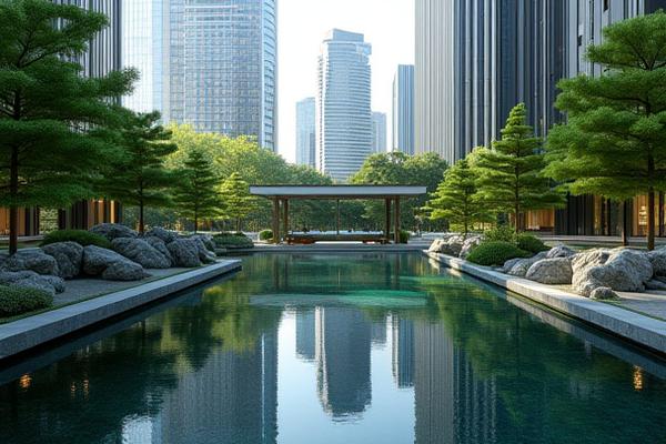 銀座の企業迎賓施設に設えられた、洗練された池泉庭園。水面にビル群が映り込み、現代的な日本庭園を表現している。