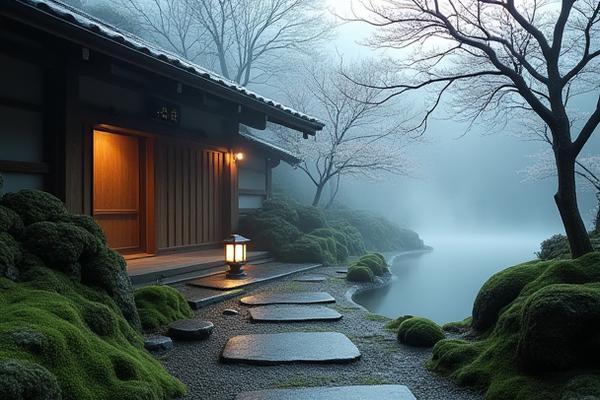 箱根の温泉旅館に併設された、落ち着いた雰囲気の茶庭（露地）。温泉と調和した、静寂な空間。