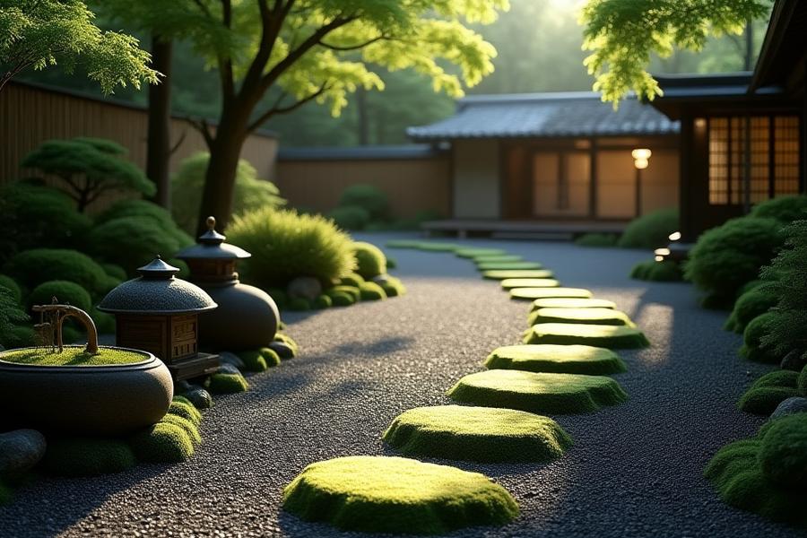 苔むした石畳が続く茶庭。手水鉢と石灯籠が配置され、奥には茶室の入り口が見える。静かで清らかな雰囲気が漂う。